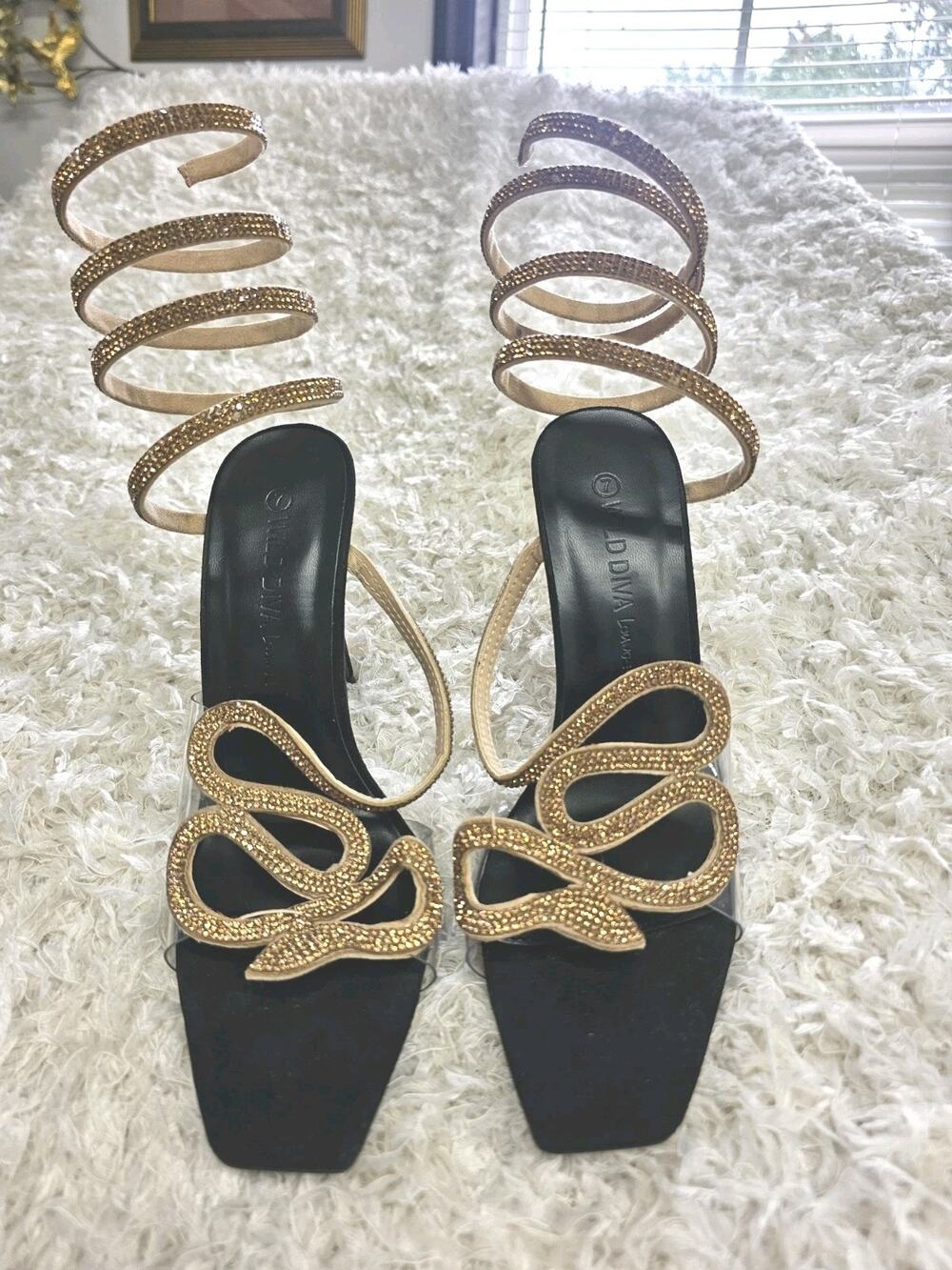 Wild Lounge Rhinestone Serpent Snake Spiral Coil Wrap Around Stiletto Heels Sz 7